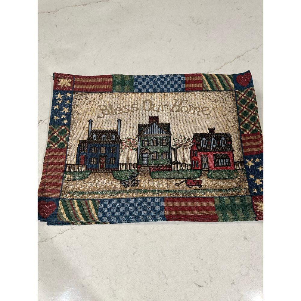 Americana Country Bless Our Home Woven Tapestry Placemats Set of 5 Folk Art USA